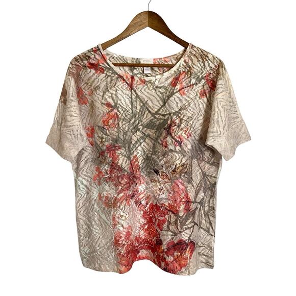 Chicos Top Shirt Blouse Womens 2 ( L ) Beige Cream Pink Short Sleeve - Picture 1 of 6